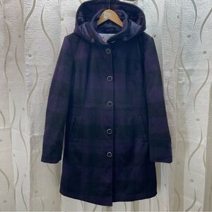 Le Grenier Wool Blend Hooded Coat Womens 9 Purple Black Plaid Bow Back‎